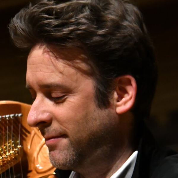Sylvain Blassel Stands in front of a harp.